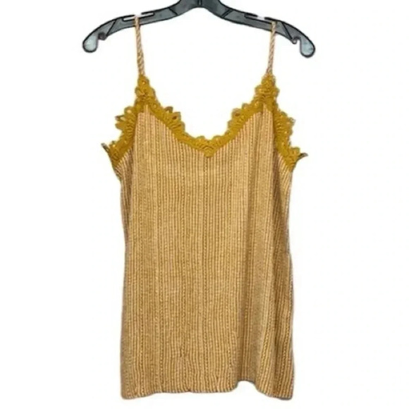 Jodifl Women's Mustard Yellow Striped Lace Trim Tank Top Size M Sleevele… - Picture 1 of 4